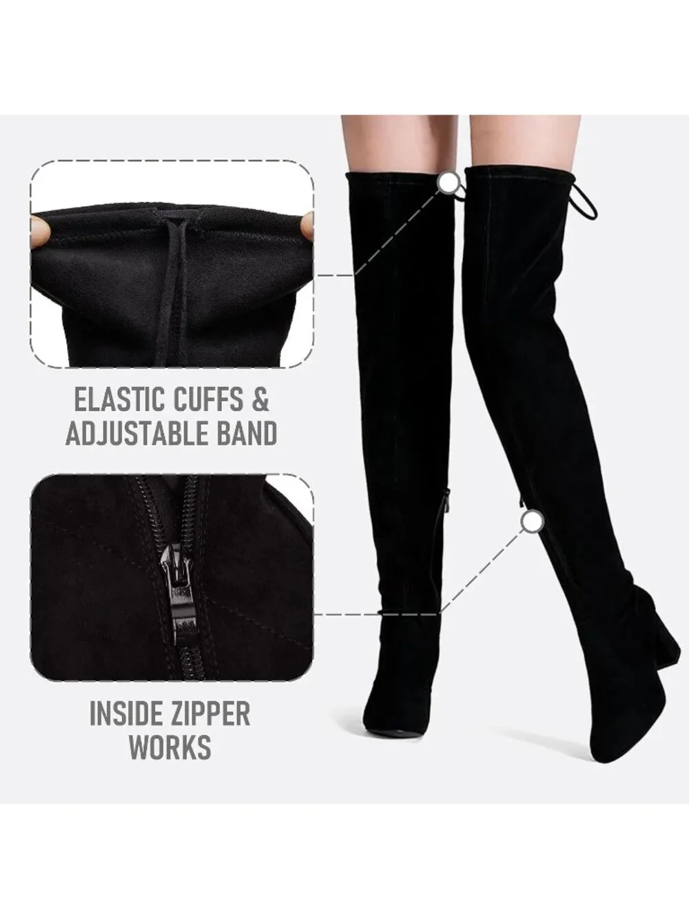 Women's Black Suede Closed Round Toe Block Heel Over The Knee High Boots